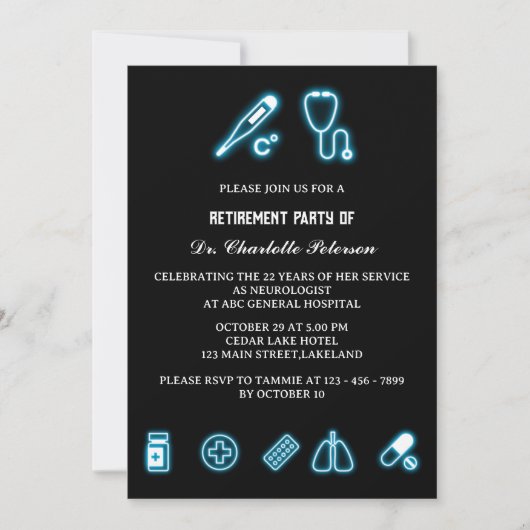 ネオンブルーメディカルエレメントドクターリタイアメントパーティー 招待状 (正面)