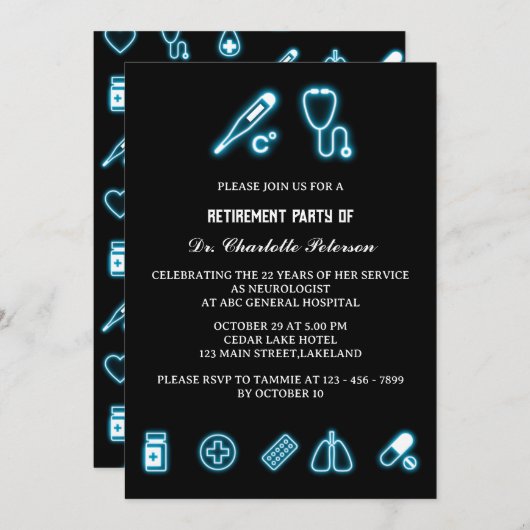 ネオンブルーメディカルエレメントドクターリタイアメントパーティー 招待状 (正面/裏面)