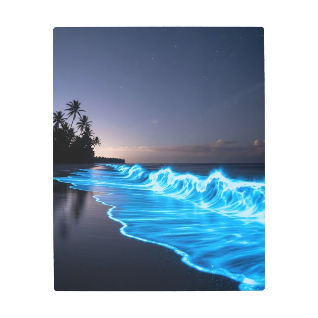 ネオンブルー波のビーチ-海グロー メタルプリント (正面)