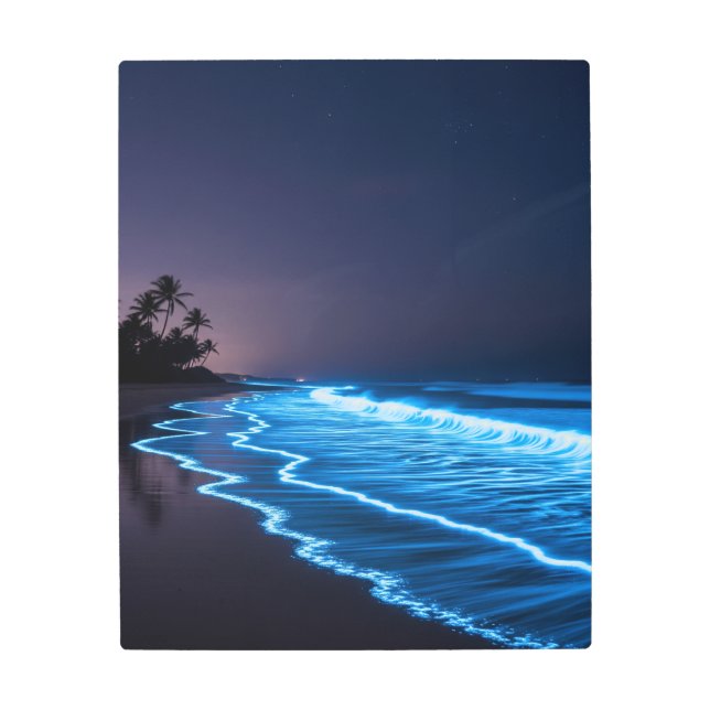 ネオンブルー波のビーチ-海グロー メタルプリント (正面)