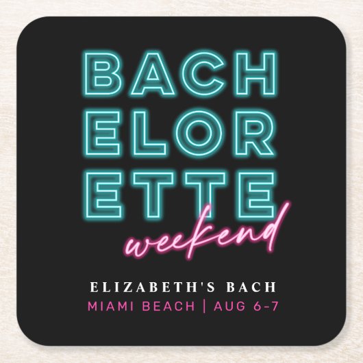 ネオンブルー&ピンクのハッピーな独身最後の週末 スクエアペーパーコースター (正面)