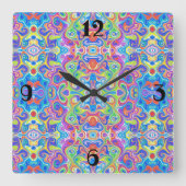 ネオンブルー、ライム、紫とオレンジの渦巻きパターン スクエア壁時計 (正面)