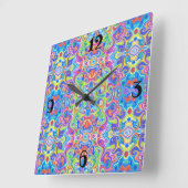 ネオンブルー、ライム、紫とオレンジの渦巻きパターン スクエア壁時計 (傾斜)