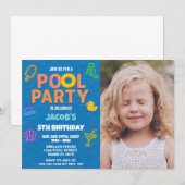 ネオンプールパーティーの誕生日招待状（写真付き） 招待状 (正面/裏面)
