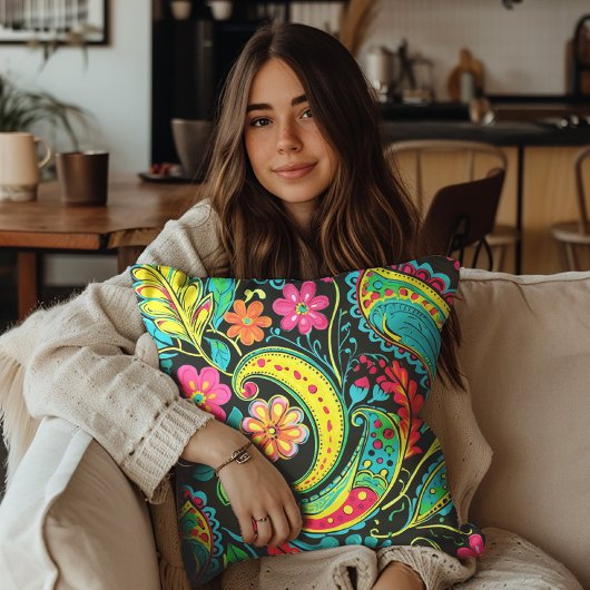 ネオンペイズリーブラックピンクブルーイエロー クッション