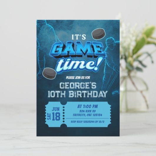 ネオンホッケーウィンター誕生日招待状 招待状 (スタンド正面)