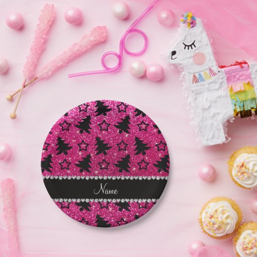 ネオンホットピンクのグリッタークリスマスツリーの名前 ペーパープレート (パーティー)