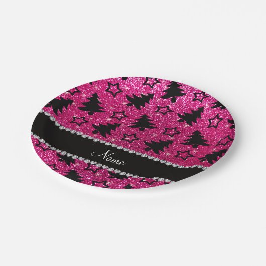 ネオンホットピンクのグリッタークリスマスツリーの名前 ペーパープレート (アングル)