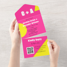 ネオンホットピンクイエローレトロモダンはっきりしたエレガント オールインワン招待状