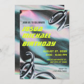 ネオンホログラフィックテクスチャードの未来的な誕生日 招待状 (正面/裏面)