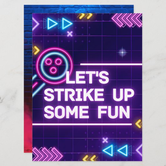 ネオンボーリングストライクアップいくつかのおもしろい誕生日 招待状 (正面/裏面)