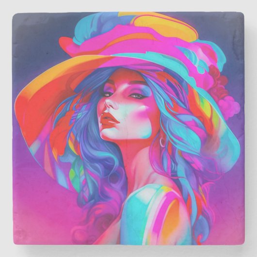 ネオンポップアートの肖像画 ストーンコースター (正面)