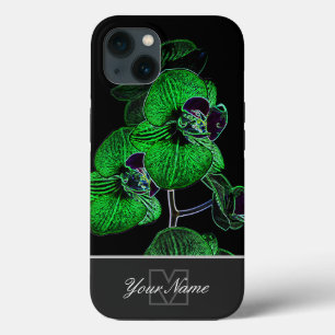 ネオンポップ・アートのアートの緑の蘭の花とモノグラム! iPhone 13ケース