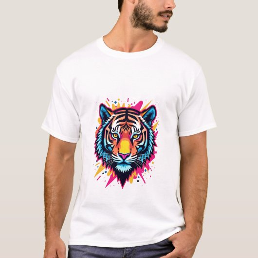 ネオンポップ・アートのアートタイガーデザイン Tシャツ (正面)