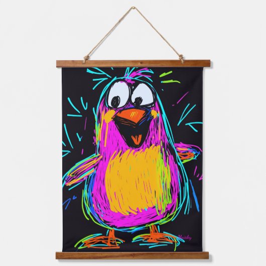 ネオンポップ・アートのアートペンギンよくはしゃぐ：とカラフル 吊り下げ型タペストリー (正面)