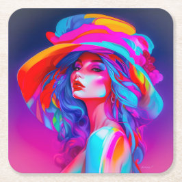 ネオンポップ・アートのアートポートレート スクエアペーパーコースター