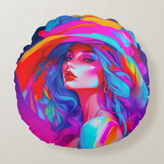 ネオンポップ・アートのアートポートレート ラウンドクッション (正面)