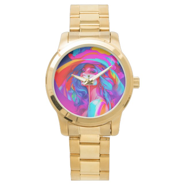 ネオンポップ・アートのアートポートレート 腕時計 (正面)