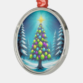 ネオンポップ・アートのグリーンブルーパープルのアートクリスマス メタルオーナメント (左)