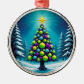 ネオンポップ・アートのグリーンブルーパープルのアートクリスマス メタルオーナメント (正面)