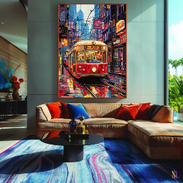 ネオンポップ・アートのリフレクション付きアートシティトラム キャンバスプリント