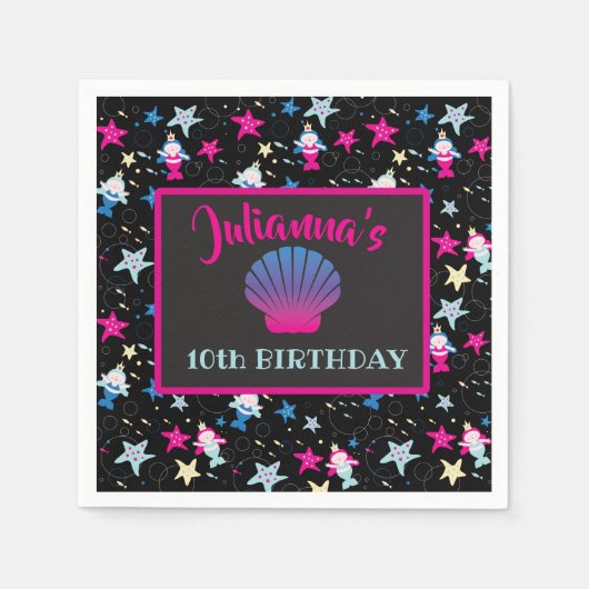 ネオンマーメイドシーライフフィッシュヒトデ誕生日パーティー スタンダードカクテルナプキン (正面)