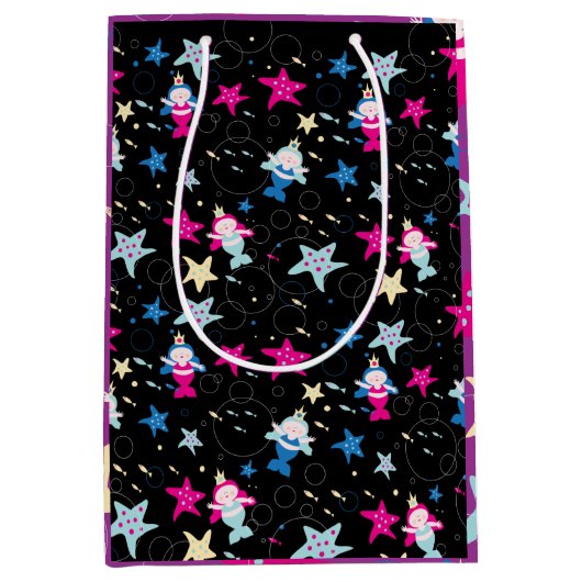 ネオンマーメイドシーライフフィッシュヒトデ誕生日パーティー ミディアムペーパーバッグ (正面)