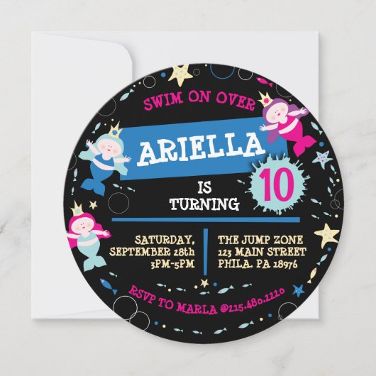 ネオンマーメイドシーライフフィッシュヒトデ誕生日パーティー 招待状 (正面)