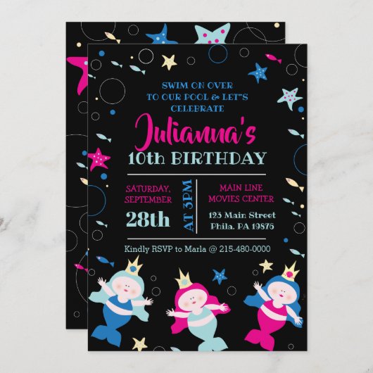 ネオンマーメイドスイムシーライフ誕生日プールパーティー 招待状 (正面/裏面)