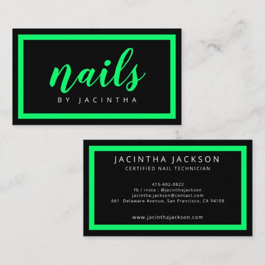 ネオンモダングリーンブラックネイリストサロンシック 名刺 (正面/裏面)