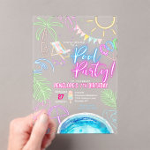ネオンモダングロー水カラープールパーティー誕生日 アクリル招待状 (インサイチュ (ポータブル))