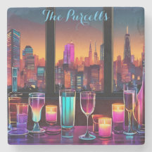 ネオンモダンシティバースクエアマーブルストーンコースター