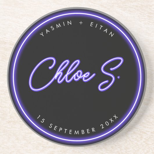 ネオンモダンパープルスクリプト名結婚式の引き出物 コースター (正面)