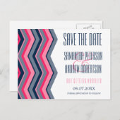 ネオンモダンピンクのネイビーブルーシェブロンの日付を保存 案内ポストカード (正面/裏面)