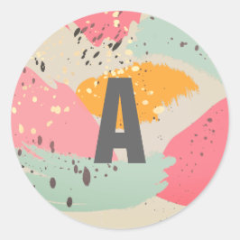 ネオンモダンピンクブラシストロークモノグラムシール ラウンドシール