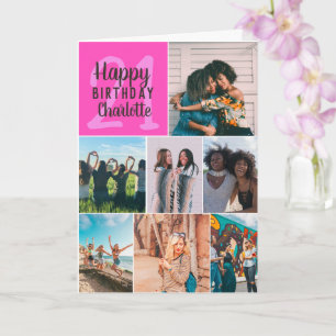 ネオンモダンピンク写真コラージグリッド21誕生日 カード
