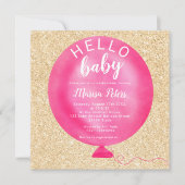 ネオンモダンピンク色バルーン金ゴールドグリッター赤ちゃんシャワー 招待状 (正面)