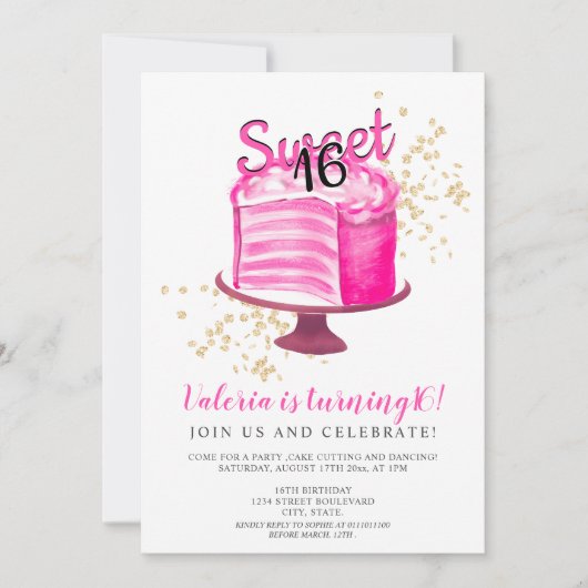 ネオンモダンピンク金ゴールドケーキ切りガーリー取り甘い16 招待状 (正面)