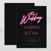 ネオンモダンライトホットピンクブラック結婚ズ 招待状 (正面/裏面)