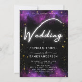 ネオンモダンライト銀河系ブラックパープル結婚ズ 招待状 (正面)