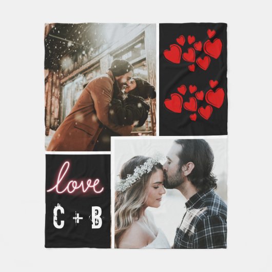 ネオンモダンラブタイポグラフィ及び写真コラージュ フリースブランケット (正面)