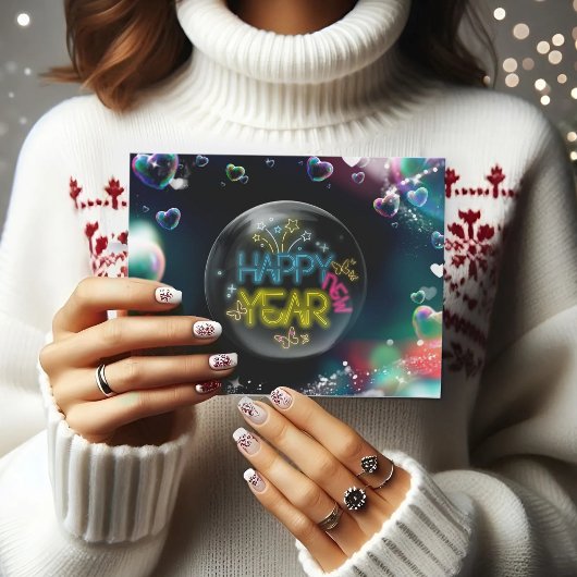 ネオンモダンリードハッピーニューイヤーのホリデーハガキ ポストカード