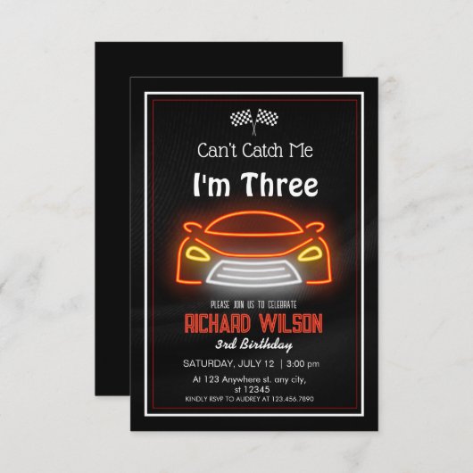 ネオンモダンレースカーが私の3回目の誕生日をキャッチできない 招待状 (正面/裏面)
