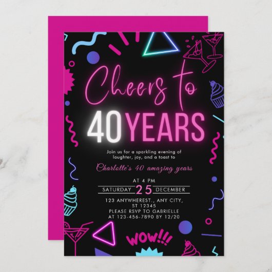 ネオンモダン応援40歳40歳の誕生日パーティー 招待状 (正面/裏面)