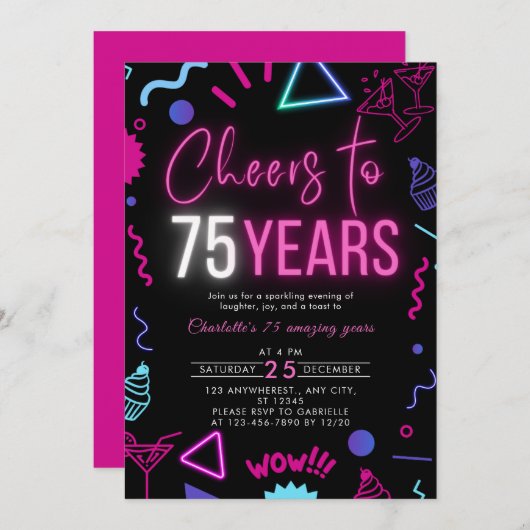 ネオンモダン応援75歳75歳の誕生日パーティー 招待状 (正面/裏面)