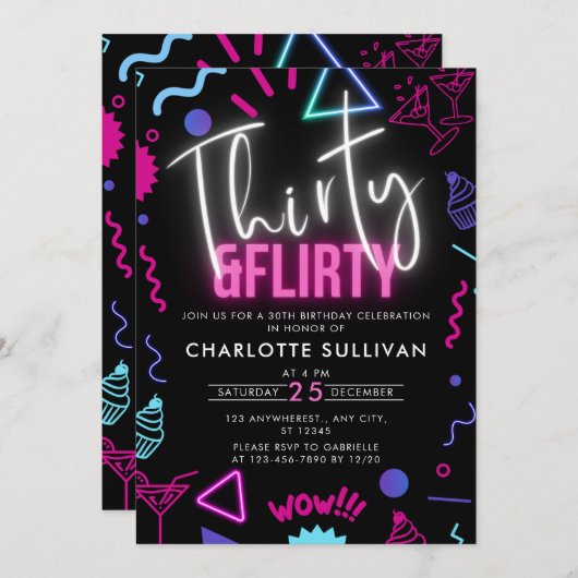 ネオンモダン30歳気のあるそぶりをした誕生日パーティー 招待状 (正面/裏面)