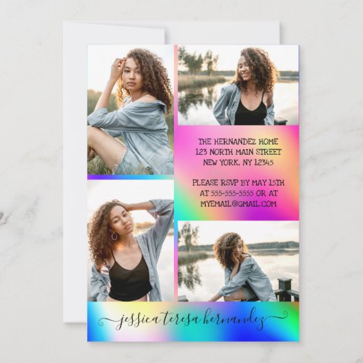 ネオンユニコーンホログラフィックフォトコラージキンセアニラ 招待状 (裏面)