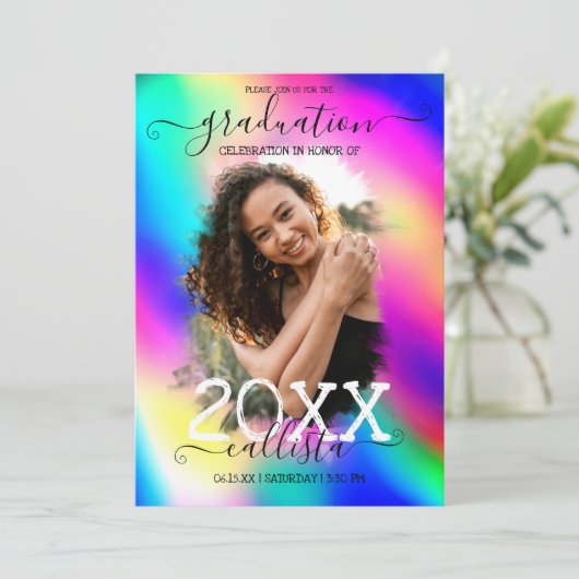 ネオンユニコーンホログラフィックフォトコラージュ卒業 招待状 (スタンド正面)
