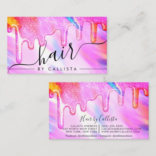 ネオンユニコーンホログラフィック厚いグリッタードリップヘア 名刺 (正面/裏面)