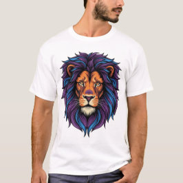 ネオンライオンの頭 パープルブルーのたてがみ 激しいTシャツ Tシャツ